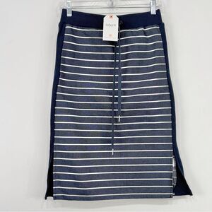 Inherit KELLY Navy Blue White Horizontal Nautical Stripe Stretch Side Midi Skirt